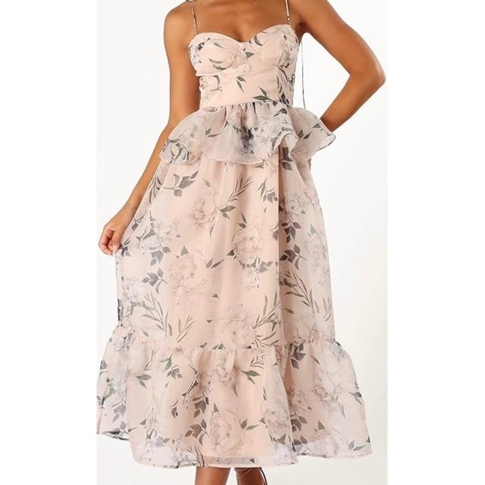 Petal & Pup Ruffle Tie Strap MIDI Blush Pink Sweetheart Neckline Dress XS NWOT